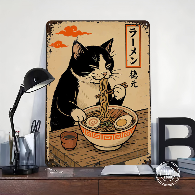 Cat Eating Ramen Vintage Metal - Retro Gaming At Home reseña y precio